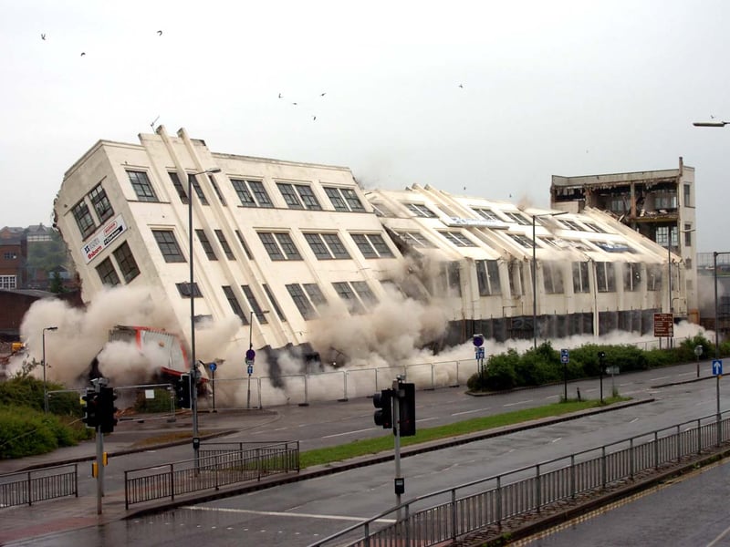 The old Hydra Clarkson building on Penistone Road, Sheffield, is blown up in June 2010
