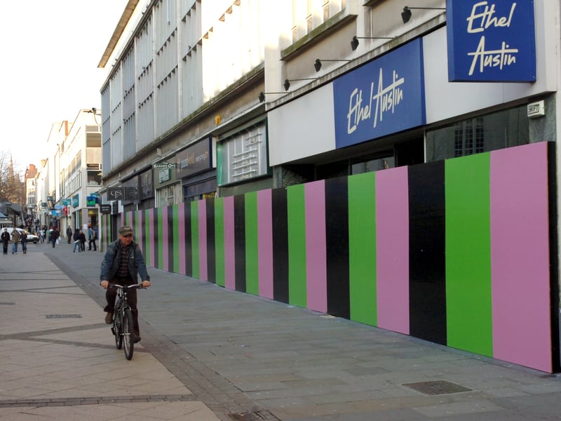 Boarded-up shops on The Moor, Sheffield, ready for demolition in March 2007