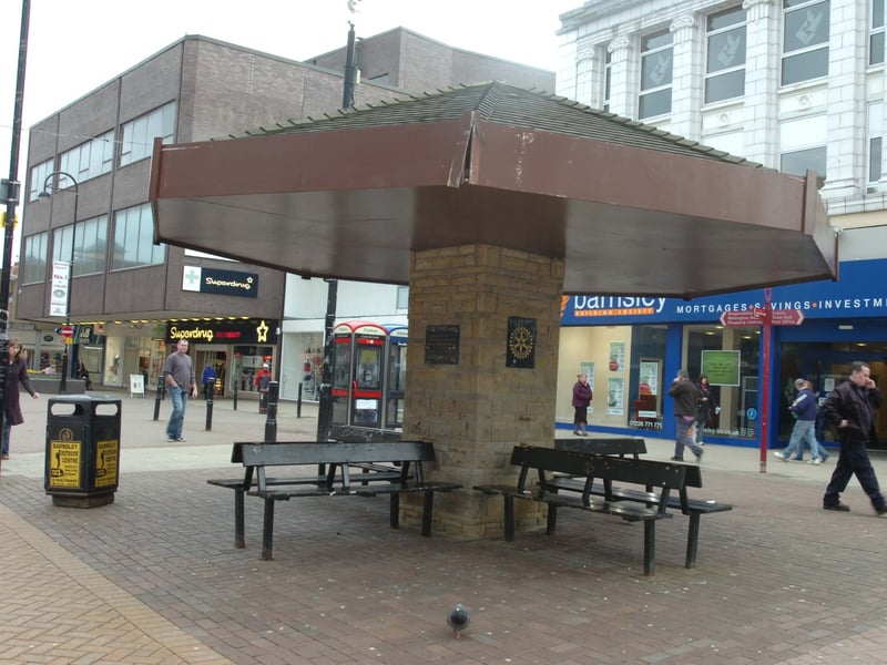 Barnsley town centre's 'mushroom' shelter pictured in March 2007, prior to its demolition