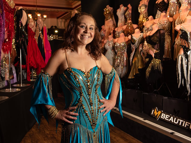 Local dancer Lucie Dorrans tries on a ballgown and goes for a look inside Blackpool Dance Festival, as she prepares for her 'All Stars' Dance Floor Heroes fundraising journey. Photo: Lucinda Herbert