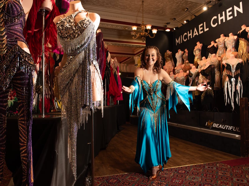 Local dancer Lucie Dorrans tries on a ballgown and goes for a look inside Blackpool Dance Festival, as she prepares for her 'All Stars' Dance Floor Heroes fundraising journey. Photo: Lucinda Herbert