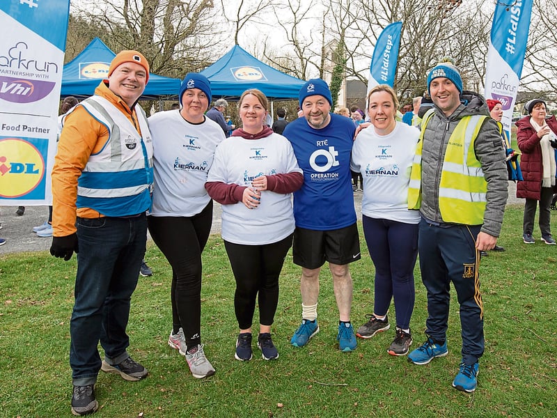 Longford parkrun played host to the Kiernan Steel Longford Operation Transformation 5k last Saturday morning, March 4 in The Mall Albert Reynolds Peace Park and pictured are Colm McNerney, four of the five RTÉ Operation Transformation leaders Stephanie Bowden, Longford's own Thomas Hynes, Andrea Daly and Lorraine Dempsey, along with Longford parkrun director Kevin Kane