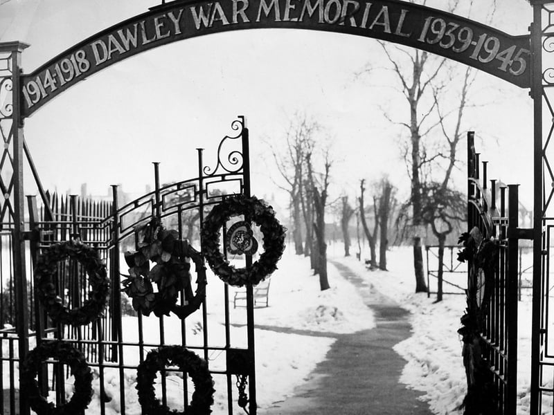 A winter scene at the Dawley War Memorial gates, pictured on February 16, 1963