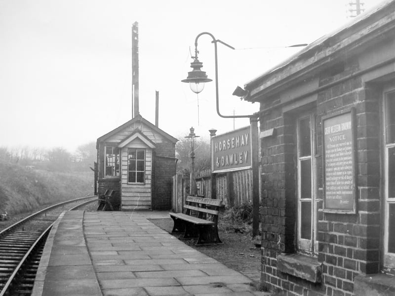 Horsehay and Dawley railway station is pictured in February 1962, with a Great Western Railway notice visible on the wall