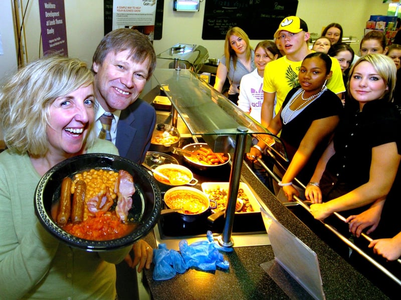 Coronation Street favourites  actors David Neilson and Julie Hesmondhalgh, who played Roy and Hayley Cropper in the soap, are pictured serving students at Thomas Danby College in September 2006.