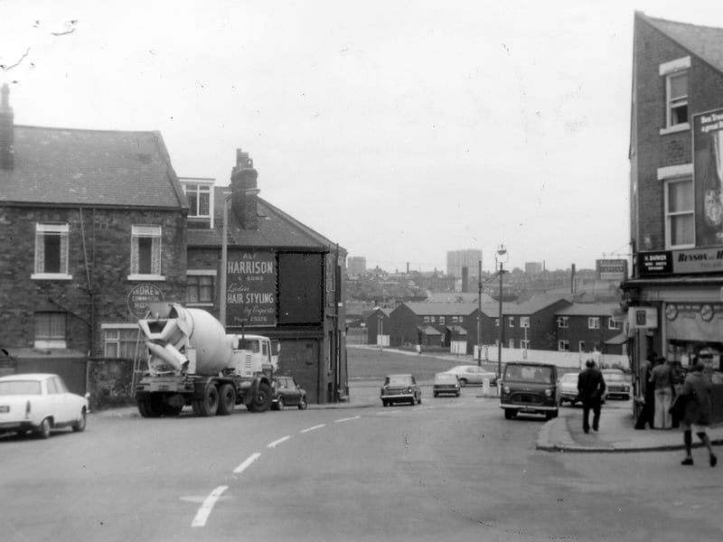 Looking south along Hyde Park Road and Woodsley Road towards Burley Road in August 1975.