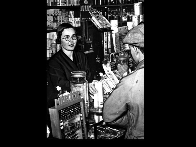 Edith Pargeter is pictured working at Bemrose’s chemist shop in Dawley in 1936, shortly after her first book Hortensius, Friend of Nero was published. Better known under her pen name Ellis Peters, the acclaimed novelist went on to create the Brother Cadfael series. The image shows the traditional chemist’s counter and period goods on display, including Zints Digestive Mints, Meritor, Shavex, Lustrset, Ultrastyle toilet tissues, Knights Castile soap and Simpson iodine socks