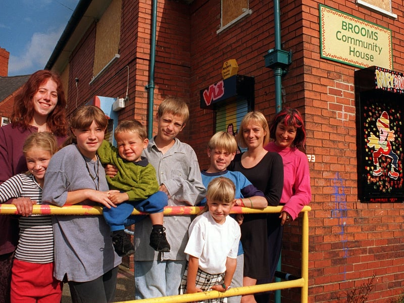 Artwork on security shutters at Brooms Community House in August 1996.