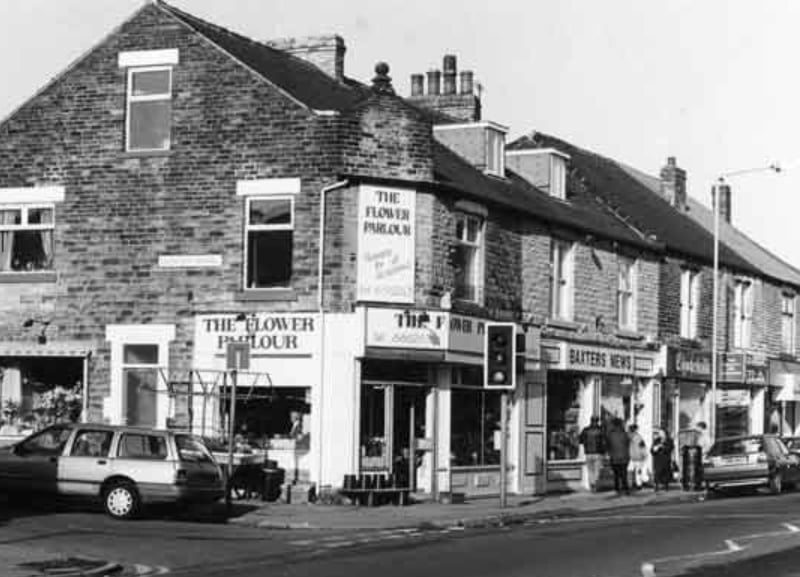 Shops on Crookes, Sheffield. at the junction with Duncan Road, in 1991, including The Flower Parlour and Baxters News