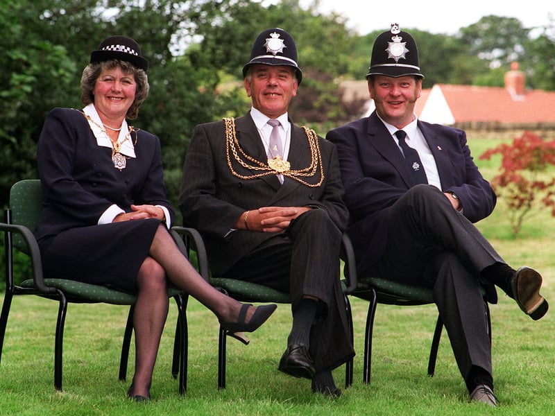 Where did you get that hat? The Lord Mayor and Lady Mayoress of Leeds Coun Malcolm Bedford and his wife Ann opened the Police Insignia Collection Association's exhibition at the Weetwood Hall Hotel. They are pictured with exhibition organiser PC Paul Morrison of Chapeltown Police Station.