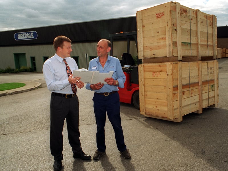 August 1996 and Mark Dowell, left, manufacturing systems manager at Airedale International Air Conditioning Ltd discusses an export order for China with forklift truck driver Dave Hindle.