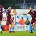Ed McCarthy is congratulated by Aaron Bolger, right, after scoring Galway United's first goal in last Friday's defeat at home to Bohem