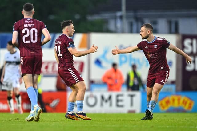Ed McCarthy is congratulated by Aaron Bolger, right, after scoring Galway United's first goal in last Friday's defeat at home to Bohem