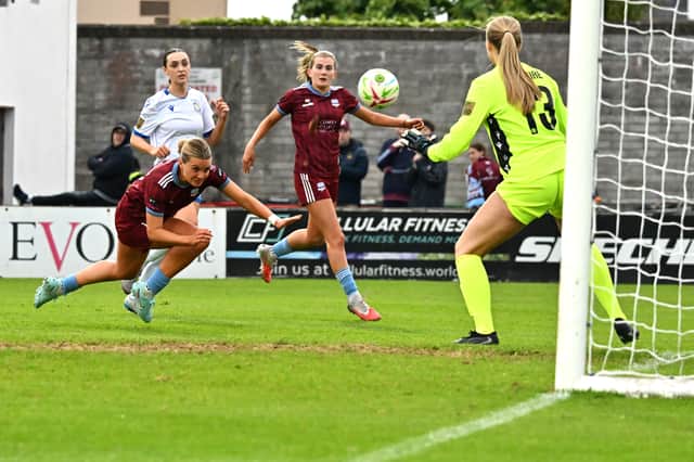 Remini Tillotson  sends a header goalwards in Galway United's win over Athlone Town in their league match last Saturday.