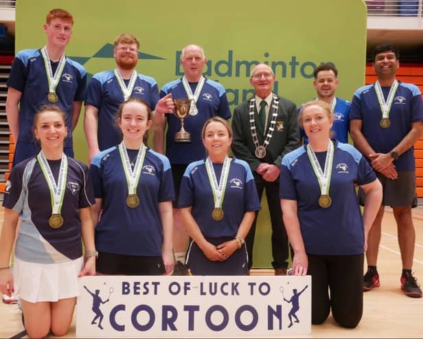 The Cortoon Badminton Club squad that won the Grade F final, back row, from left: Ciaran Clarke, Ruairí Moran, Tom McHugh, President of Badminton Ireland Michael McGrath, Wallisson Silva, and Omkar Natekar. Front: Kasia Silva, Seóighe O’Neill, Lisa O’Rourke, and Deirdre O’Neill.