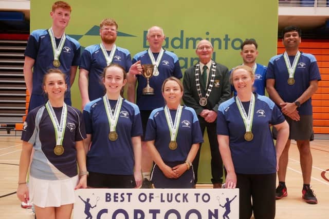 The Cortoon Badminton Club squad that won the Grade F final, back row, from left: Ciaran Clarke, Ruairí Moran, Tom McHugh, President of Badminton Ireland Michael McGrath, Wallisson Silva, and Omkar Natekar. Front: Kasia Silva, Seóighe O’Neill, Lisa O’Rourke, and Deirdre O’Neill.