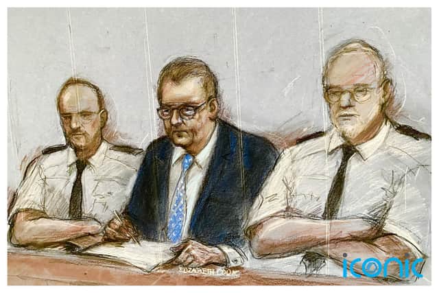 Court artist drawing of Sir Jeffrey Donaldson appearing at Newry Crown Court