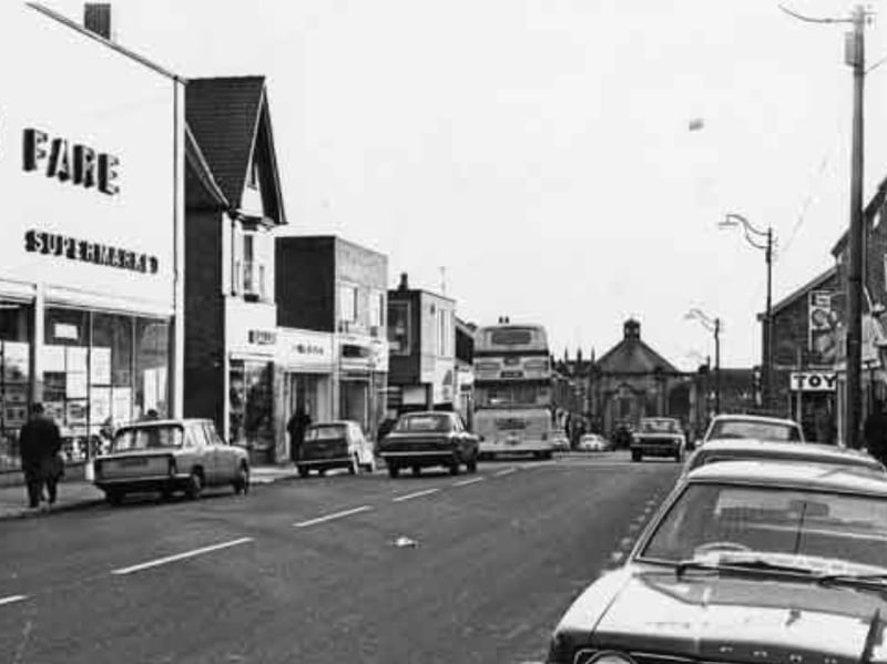 Shops on Crookes, Sheffield, in January 1976, including Fine Fare supermarket