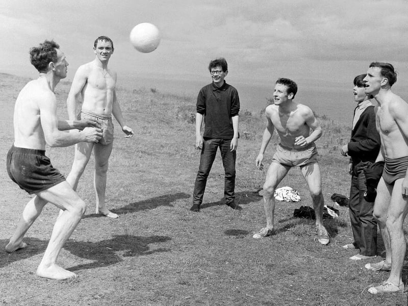 Members of Hearts football team during a training day at Gullane Beach in August 1965.