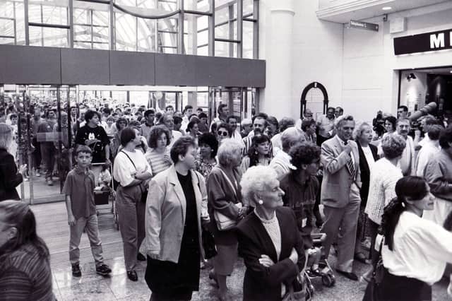 Shoppers pour into Meadowhall on its opening day, September 4, 1990