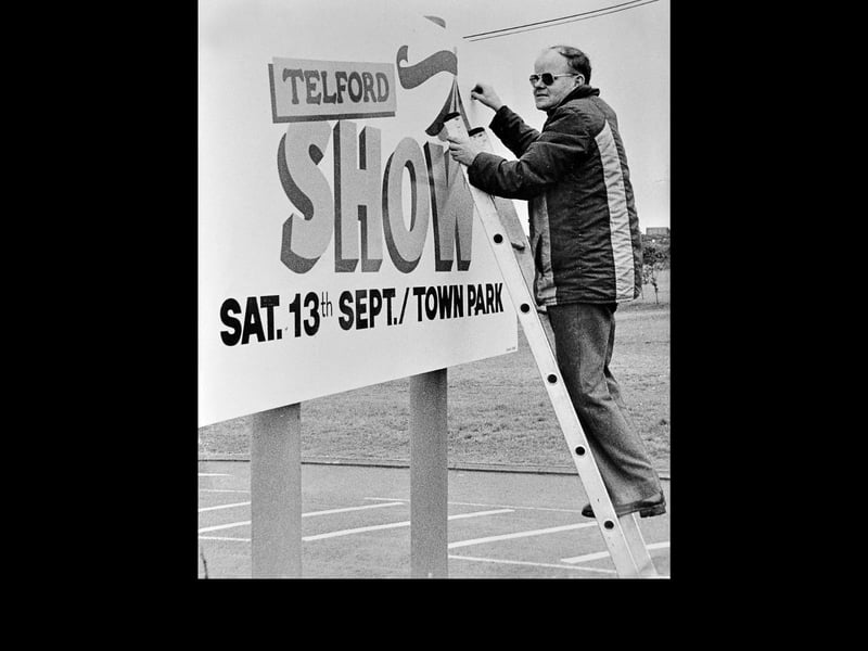 Telford Society volunteer John Saunders puts the finishing touches to one of a series of Telford Show signboards going up around the town in August 1986 ahead of that year’s event at Telford Town Park on September 13. It was the second year the show had been organised by volunteers from the Telford Society, having previously been run under the name Telford Super Saturday by the Telford Development Corporation.