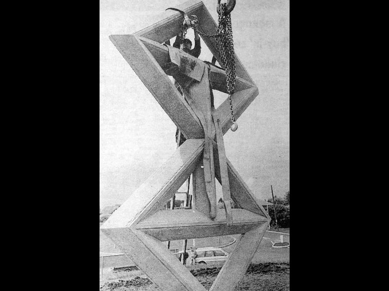 The sculpture based on the stonemason’s mark of Thomas Telford is being installed at Limekiln Bank Roundabout, with work captured on June 17, 1987.