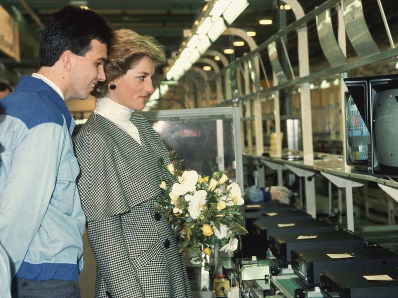Princess Diana opens the NEC factory, a major electronics manufacturing plant in Priorslee, Telford, on November 2, 1988, during a royal visit to officially launch the new facility.