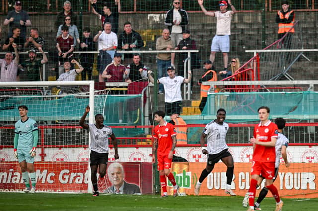 Frantz Pierrot of Galway United celebrates after scoring just seconds after his introduction against Shelbourne in Tolka Park.