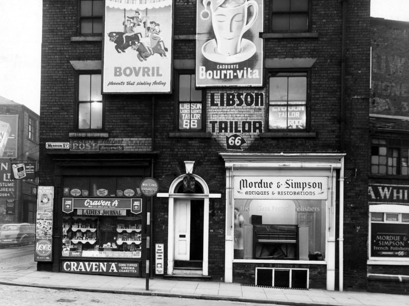The North side of Merrion Street, showing number 66, Mardue And Simpson, French Polishers, below, and S. Libson, Tailor (above). Next door is H. Outhwaite, Newsagent. Pictured in December 1949.