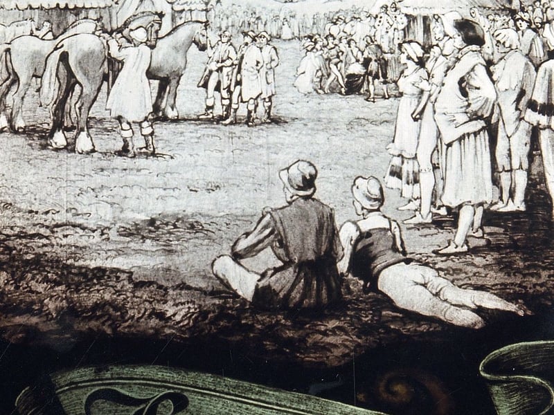 A stained glass window in Woodkirk Church depicting Lee Gap Fair.