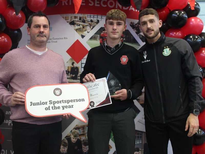 Junior Sportsperson of the Year Oran Norris (centre) with teacher Shane McCormack and special guest Shamrock Rovers player Lee Grace