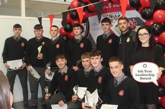 Sixth Year leadership awards recipients back: Back Row: Zack Tobin, Shane Regan, Darragh Morrissey, Conor Quinn, Alex Tobin, special guest at the awards Lee Grace and Rachel Moriarty Year Head. Front: Conor Power, Aidan Hanlon, Liam Twohig, Ryan Jacob, Missing from photo is student Padriag Egan.