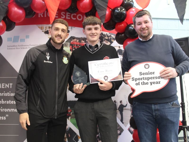 Senior Sportsperson of the Year Conor Norris (centre) pictured with special guest Lee Grace (left) and teacher PJ Fahey (right)