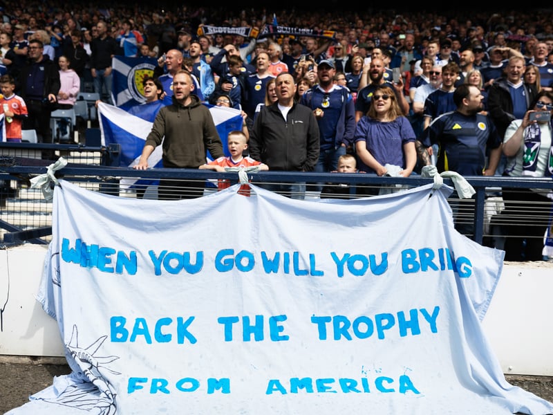 A Proclaimers inspired banner is unfurled from the Scotland fans at the game vs Curacao.
