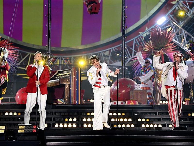 (L-R) Gary Barlow, Mark Owen and Howard Donald of Take That perform live on stage during the "The Circus Live" stadium tour at St Mary's Stadium on May 29, 2026 in Southampton, England. (Photo by Gareth Cattermole/Getty Images for Take That)