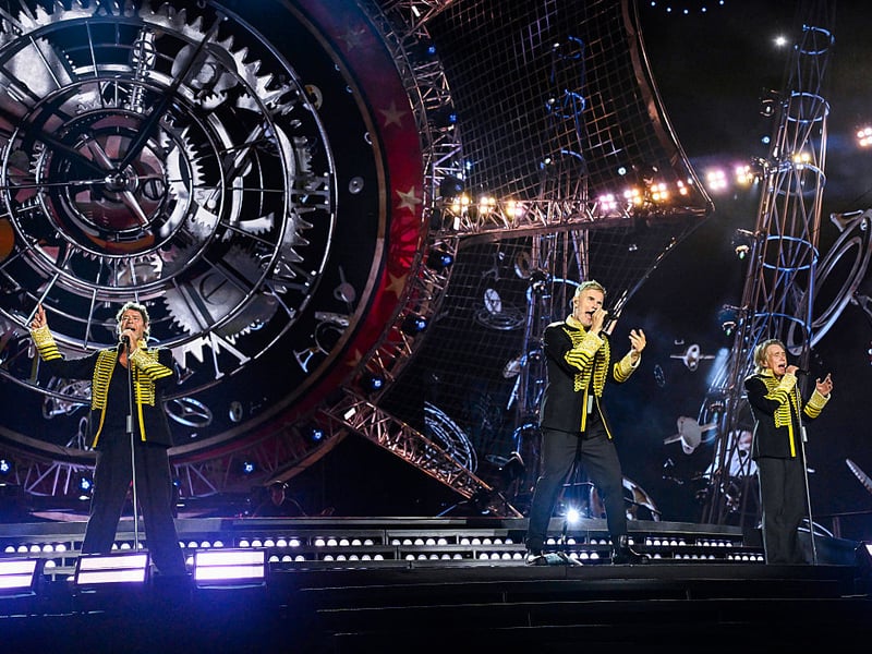 (L-R) Howard Donald, Gary Barlow and Mark Owen of Take That perform live on stage during the "The Circus Live" stadium tour at St Mary's Stadium on May 29, 2026 in Southampton, England. (Photo by Gareth Cattermole/Getty Images for Take That)