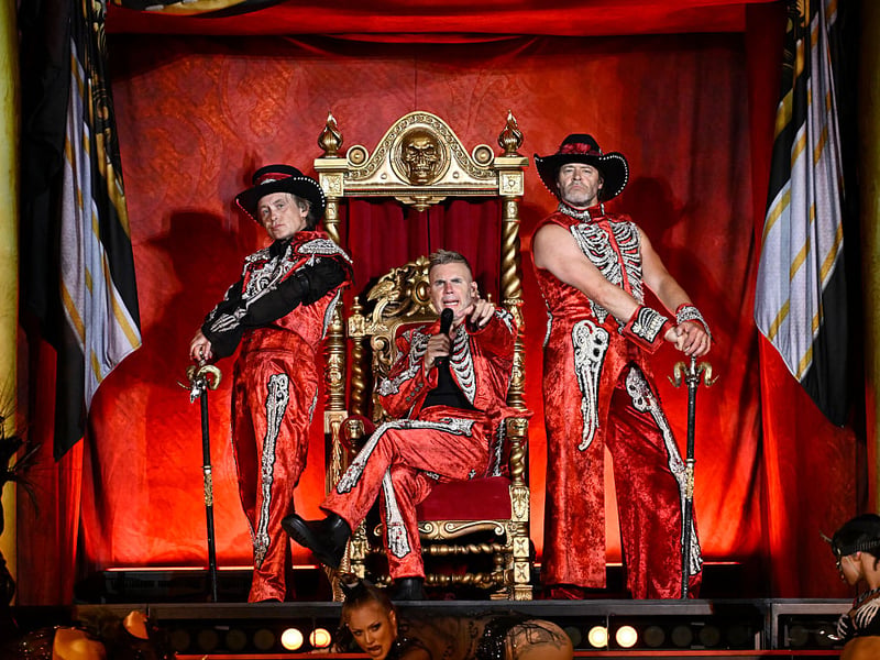 (L-R) Mark Owen, Gary Barlow and Howard Donald of Take That perform live on stage during the "The Circus Live" stadium tour at St Mary's Stadium on May 29, 2026 in Southampton, England. (Photo by Gareth Cattermole/Getty Images for Take That)