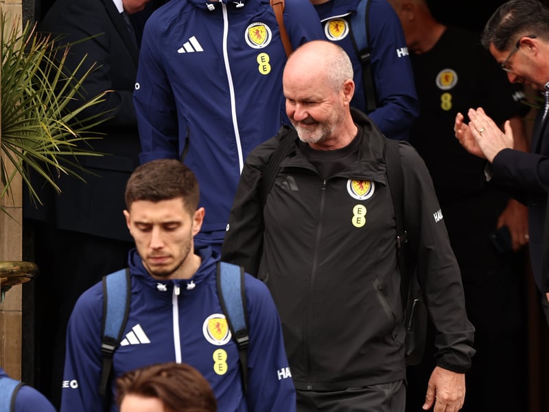 Scotland head coach Steve Clarke cracks a smile as the team depart for Glasgow Airport from Blythswood Square Hotel.
