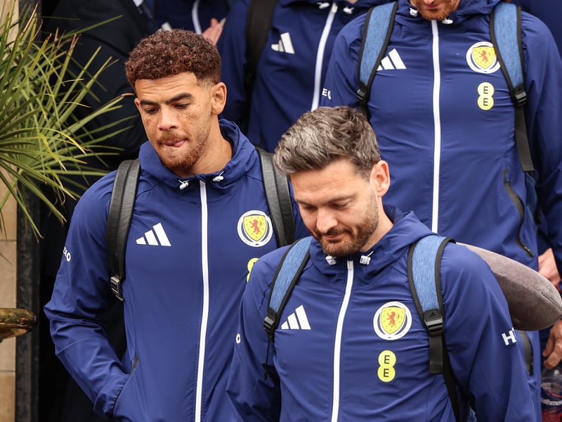 Che Adams and Craig Gordon depart for Glasgow Airport from Blythswood Square Hotel.