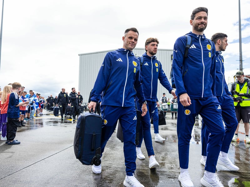 Lawrence Shankland, Liam McFarlane, Craig Gordon and Ross Stewart (L-R) depart for Florida from Glasgow Airport.