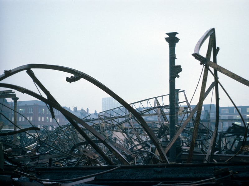 The damaged remains of Kirkgate Market in Januay 1976  following a massive fire which spread through the building on December 23, 1975, destroying two thirds of it.