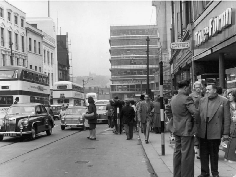 Haymarket, Sheffield, in July 1961, looking towards Castle Market, with True-Form boot shop and Woolworths on the right