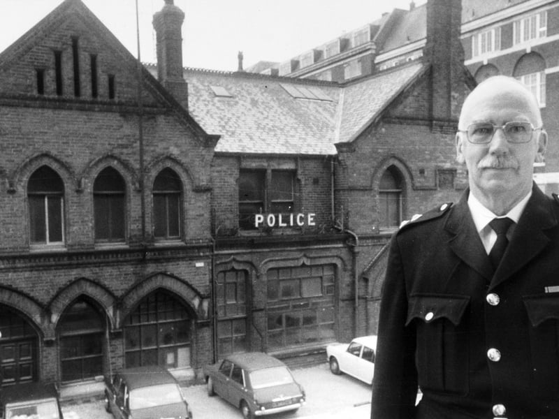 Inspector Henry Ingham outside the old Millgarth Police Station in September 1976 where he started work in the Police Force in 1946.