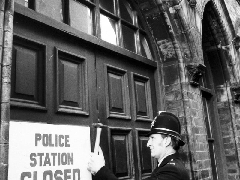 January 1976 and a sign is nailed to the door of the old Millgarth Police Station after the building finally closed.