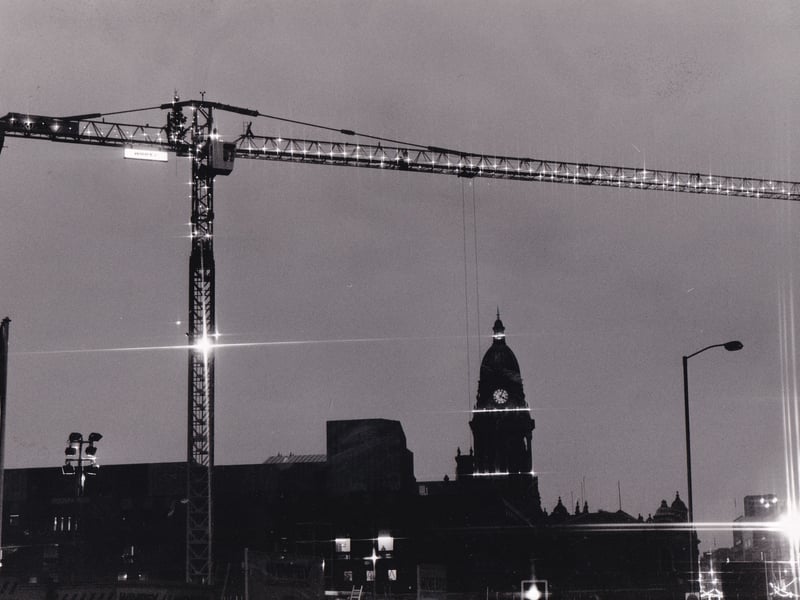 A construction crane on the new Leeds’ magistrates’ courts reflects the festive spirit with a Christmas tree in the cab and fairy lights strung along the boom. The photo from December 1990 was taken facing up The Headrow towards Leeds Town Hall.
