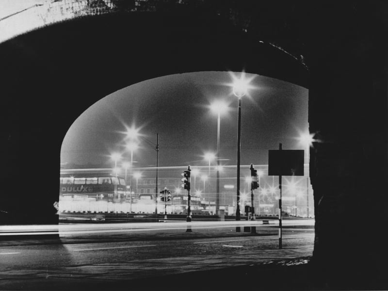 This spectacular night shot was taken opposite the Leeds Corporation bus station in New York Street in December 1964.