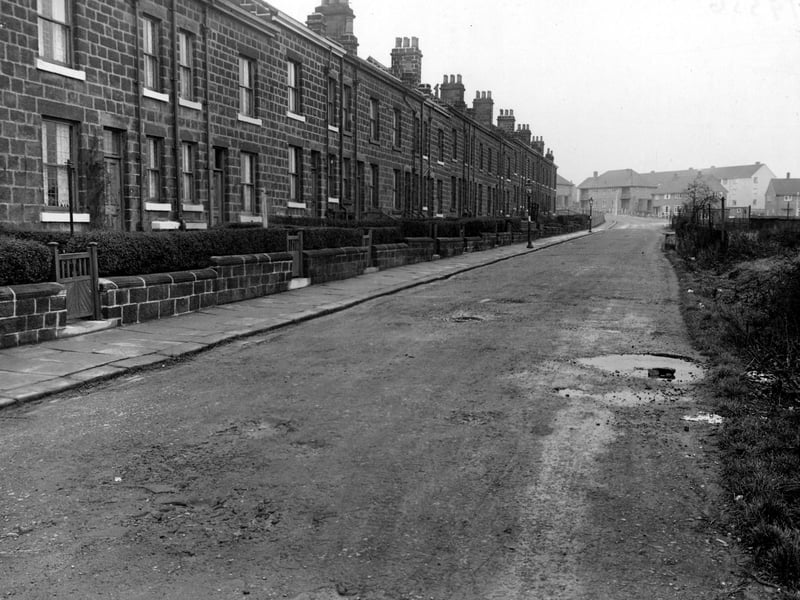 Wellington Grove in November 1953. Looking North to junction with St. Catherines Drive. To left is a row of stone terrace houses. Road is rough and in background there are council houses and flats.
