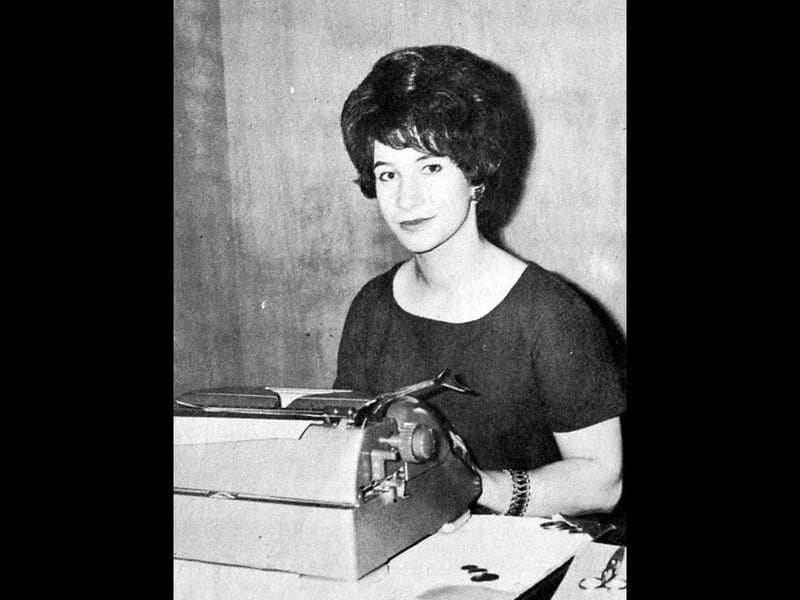 A nostalgic image from Market Drayton showing Miss Elizabeth Hawley at her typewriter in the Corset Silhouette factory on September 14, 1962, during open days at Corset Silhouette Ltd, when the factory welcomed visitors and showcased its work.