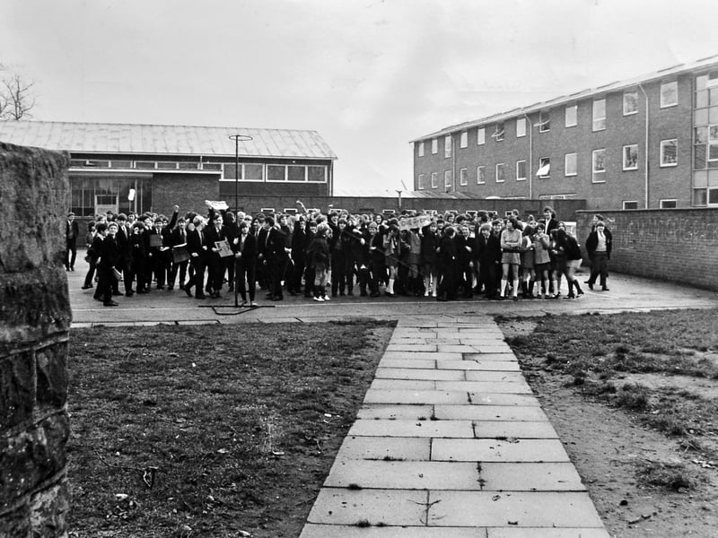 A remarkable scene in Market Drayton on December 17, 1970, as more than 200 pupils from Grove School left their classrooms and ran through the town in a show of support for popular drama teacher Greg Gregory after his dismissal. The protest drew widespread attention and remains one of the town's most memorable school demonstrations.