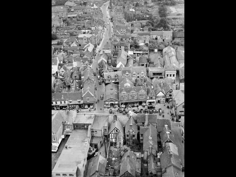 An undated aerial view of Market Drayton town centre, believed to date from the late 1940s or 1950s. 